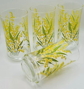 Vintage Libbey Glasses Tumblers Yellow Lily-of-the-Valley Set Of Four 4 *MINT* - Picture 1 of 6