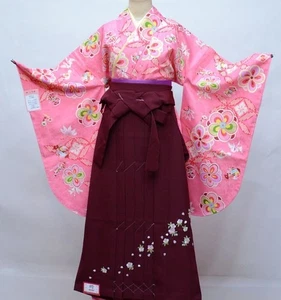 Two-Shaku Sleeve Kimono Full Set Of Hakama, 100-Kara Saiho, Pink Background, Hak - Picture 1 of 7