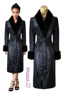 BNWT Coast UK12 US8 Faux Fur Collar Cuffs Belted Long PU Trench Coat Black £189 - Picture 1 of 12