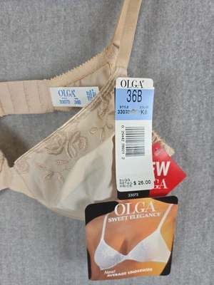 复古 Olga Sweet Elegance 挂毯文胸钢圈 36B 米色 33073 复古新品 — 第 1/4 张图片