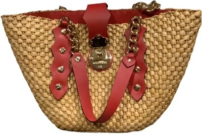 MICHAEL KORS Santorini Straw Corn Husk Leather Trim Turn Lock Tote Shoulder Bag - Image 1 of 4