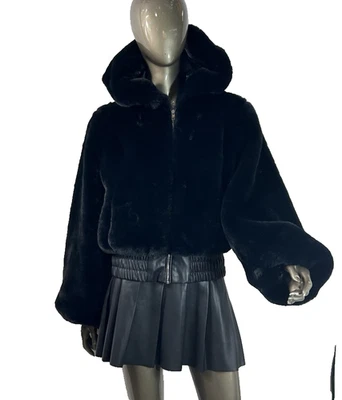 Faux Sheared Mink Black Fur Bomber Jacket Women Lg Hooded Balloon Sleeve Unbrand - Image 1 of 4