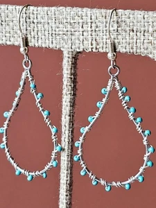 Türkis Stein Perle & Silberdraht Träne Ohrringe 1,5x1" - Bild 1 von 4