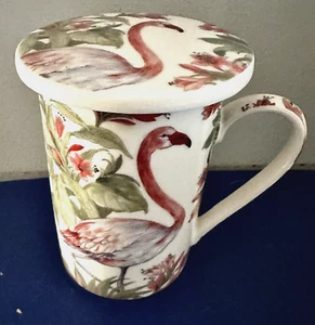 Kent Pottery Ceramic Tropical Flamingo Mug Cup with Lid Coaster 10 oz - Picture 1 of 9