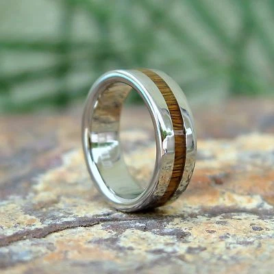 Alianza de anillo de boda de titanio con incrustaciones de madera de koa genuina joyería hawaiana 6 mm TIR4041 Foto 1 de 4