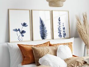 Set of 3 Blue Fern Leaf Flower Botanical Art Prints Poster Bedroom Living Room