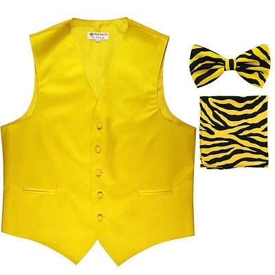 New Men's Formal Vest Tuxedo Waistcoat yellow ZEBRA Bowtie & Hankie set wedding - Image 1 of 4