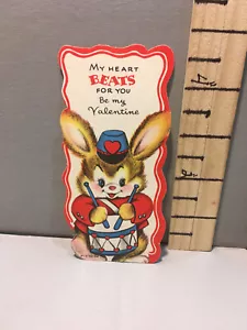 Vtg Valentine Card 50's Bunny Rabbit Drummer"My Heart Beats Foy You" h3 - Picture 1 of 2