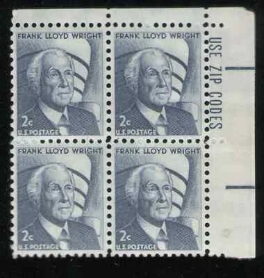 US. 1280. 2c. Frank Lloyd Wright, Prominent American. Zip Block of 4 UR. MNH.  - Image 1 of 2