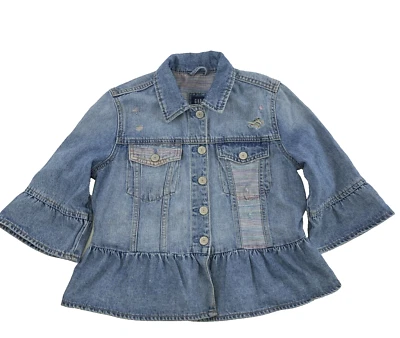 GAP Peplum Denim Jacket Flare Sleeve Button Collared Distressed Jean Girls XL - Image 1 of 4