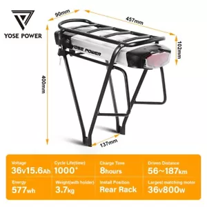 36V15.6Ah EBike Lithium-ion Battery with Black Rear Carrier Fit for 26"-28" Bike - Picture 1 of 10