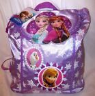 FROZEN ANNA,ELSA, AND OLAF LIGHTWEIGHT PURPLE SATIN LOOK BACKPACK TRAVEL POUCH 