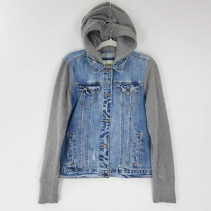 Abercrombie Fitch Jacket Womens Large Blue Denim Trucker Hoodie Jean Casual - Picture 1 of 13