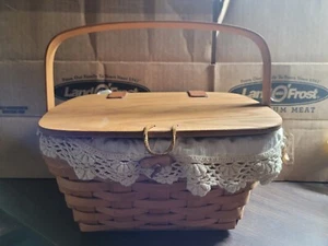 Longaberger 1992 Picnic Basket Small Purse Cloth Liner Leather Hinge Straps - Picture 1 of 13