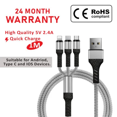 1.2M FAST CHARGE HEAVY DUTY 3 IN 1 BRAIDED CHARGING CABLE FOR ANDROID,TYPE-C - Image 1 of 4