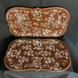 2 Temptations By Tara Floral Lace Trays Brown With White Luncheon Plates 12"x7" - Picture 1 of 12