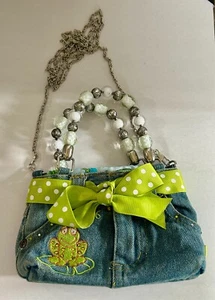 Booty Bags Hand Made Mini Blue Jean Purse w/ Beaded Handle - Picture 1 of 6