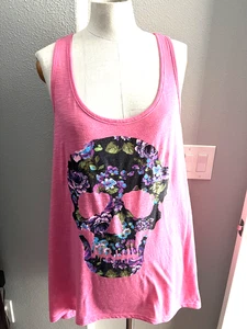 Pink Sugar Skull With Roses Women's Racerback Tank Top XL 42" Chest Beach Cover - Picture 1 of 8