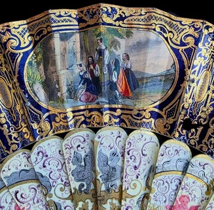 Fine Antique 19th Museum Quality French Hand Painted Carved Sticks Fan with Box - Picture 1 of 20