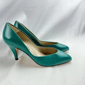 Vintage Bandolino Sz 7.5 Teal Green Turquoise Leather Pump Shoes Italy NOS - Picture 1 of 7