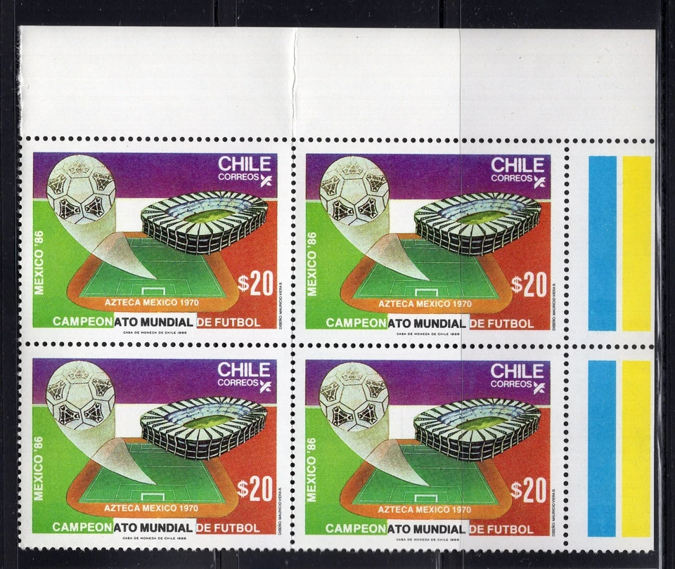 CHILE 1986 Mundial Fútbol Fútbol Fútbol 20p MNH Bloque de 4 Esquinas Hoja L2 Foto 1 de 1