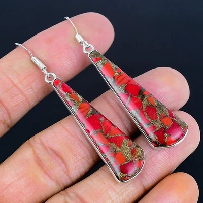Copper Red Coral 925 Silver Plated Handmade Earrings of 2.45" - Image 1 of 3