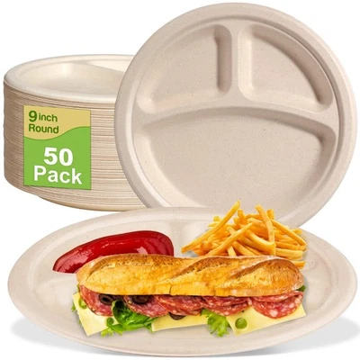 9 inch 3 Compartment Paper Plates - 50 Pack, Heavy Duty, Divided, Compostable - Image 1 of 4