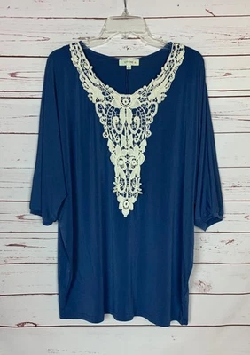 Umgee USA Boutique Women's XL Extra Large Blue Lace Dolman Sleeve Fall Tunic Top - Image 1 of 4