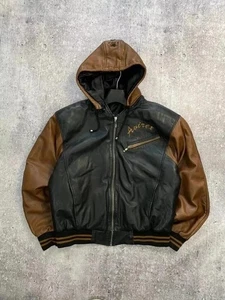 Men's New Avirex Genuine Leather Bomber Jacket Black & Brown Baggy Hooded - Picture 1 of 6