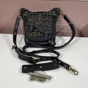 Steampunk Gothic Black Leather Crossbody Bag Uk Women's Size 7" x 8" - Picture 1 of 7