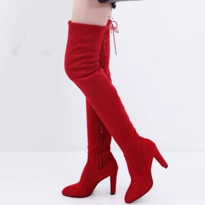 Women's Over Knee Boots Block High Heels Zipper Lace Up Faux Suede Pumps Shoes - Picture 1 of 10