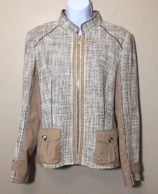 Blazer Basler Etiqueta Negra Lujo Bronceado Boucle Tweed Cremallera Cuello Mandarín Talla 10 Foto 1 de 4