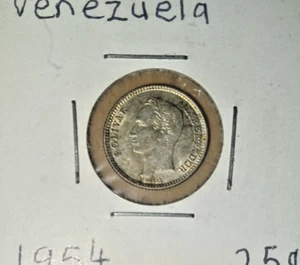 1954 Venezuela 25 Centimos Silver Coin AU, .835 - Picture 1 of 2