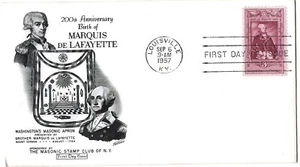 3 '57 FDCs 200th Anniv. Lafayette, Louisville KY, Easton PA, Fayetteville NC - Picture 1 of 3