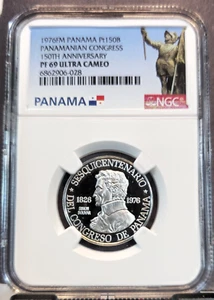 1976 PANAMA PLATINUM 150 BALBOAS CONGRESS ANNIVERSARY NGC PF 69 ULTRA CAMEO - Picture 1 of 3