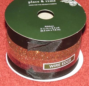 Place and Time Black and Gold Glitter Center Wire Edge Ribbon - Large #HH19 - Picture 1 of 4