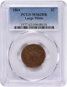 1864 Two Cent Piece Large Motto MS62RB PCGS - Picture 1 of 2