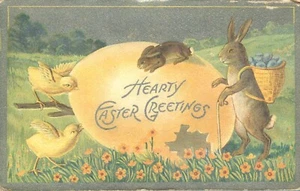 Hearty Easter Greetings Bunny & Chicks on Easter Egg Embossed Postcard - Picture 1 of 2