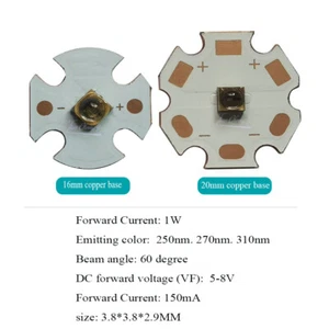 1W UVC LED 3838 250nm 280nm 310nm 5-7V 150mA Ultra Violet Lamp with Copper PCB - Picture 1 of 11