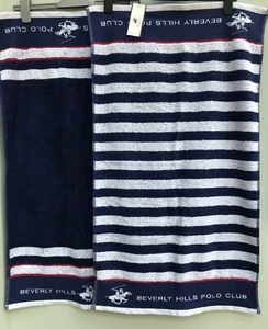 2x Hand Towels Ralph Lauren Polo Navy Blue White 50cm X 85cm 1x Plain 1x Striped - Picture 1 of 8