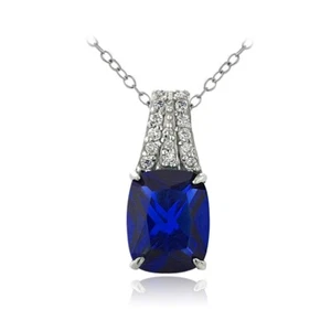 925 Silber Künstlicher Blauer Saphir & Cz Rechteckig Halskette, - Bild 1 von 3