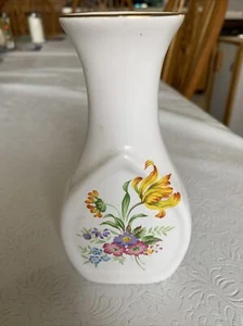 White Vase with Floral Design - Gold Trim at Top Edge - Picture 1 of 4