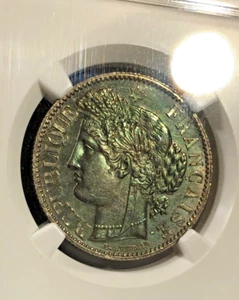 1871-A FRANCE SILVER 2 FRANCS CERES NGC UNC.Details KM#817.1 nice toning ON SALE - Picture 1 of 10