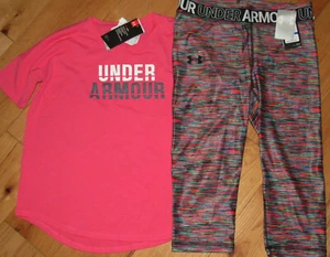 Under Armour pink wordmark logo top & cropped capris leggings NWT girls' XL YXL - Picture 1 of 2