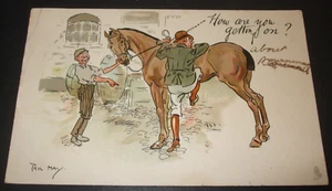 1905 Phil May Cómic Raphael Tuck Niño estable se ríe del hombre subiendo a caballo - Imagen 1 de 2