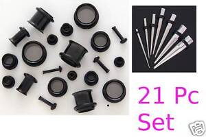 24Pc TITANIUM EAR STRETCHING KIT Tapers + TUNNELS 0g-14g gauges plugs black