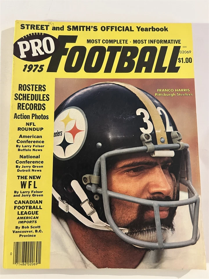 Fútbol americano profesional Street & Smith 1975 Pittsburgh Steelers Franco Harris NFL CFL WFL Foto 1 de 2