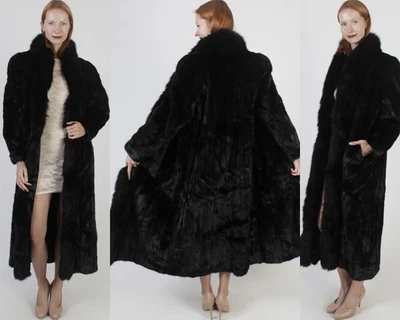 Vtg Real Black Mink And Arctic Fox Fur Coat Full Length Winter Jacket Overcoat - Image 1 of 4