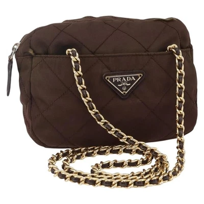 PRADA Chain Shoulder Bag Nylon Brown Gold Auth fm4942 - Image 1 of 4
