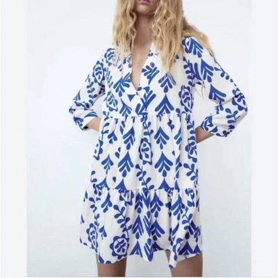 Mini vestido para mujer ZARA talla pequeña azul real blanco con volantes en capas manga 3/4 Foto 1 de 4
